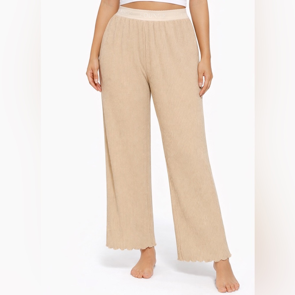 Lounge Waffle Knit Wide Leg Lounge Pants Scalloped Hem Neutral